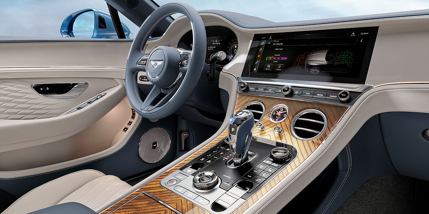 Bentley Stockholm New Bentley Continental GTC Azure convertible interior front cabin view with Linen and Brunel hides and Piano Linen by Mulliner veneer featuring centre console and centre MMI screen