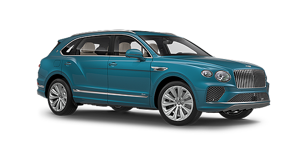 Bentley Stockholm Bentayga Extended Wheelbase Azure luxury SUV front three quarter in Topaz Blue by Mulliner paint